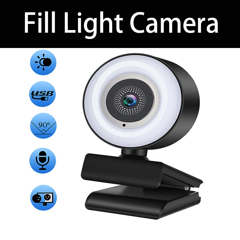 Webcam 1080P Mini caméra Full HD Webcam avec anneau de remplissage lumière Microphone USB diffusion en direct pour Youtube PC portable prise de vue vidéo