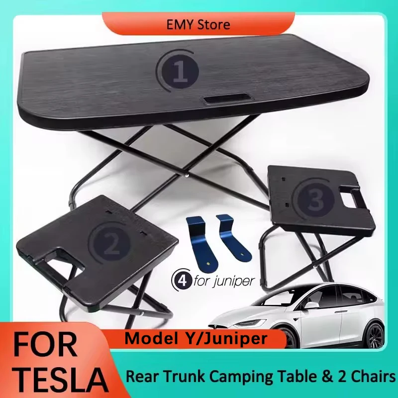 Für Tesla Model Y/Juniper Reise-Klapp-Camping-Picknicktisch, passend für den hinteren Kofferraum, tragbarer klappbarer Kofferraumtisch mit Stühlen-Set Image