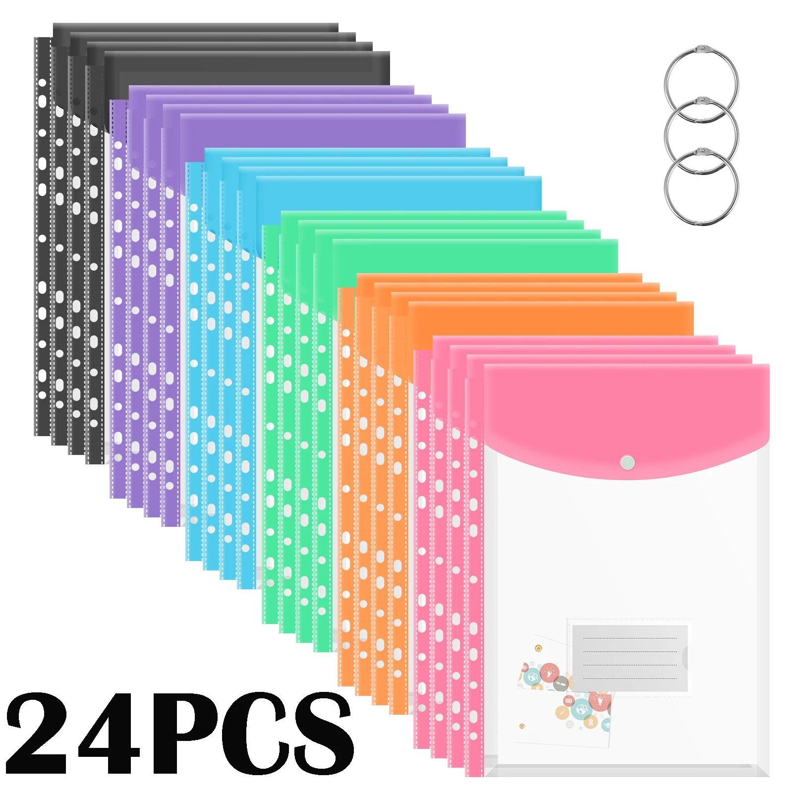 24 Stück Kunststoff-Umschläge, Bindertasche mit 11 Löchern, wasserdichte Umschläge, Binder-Ordner mit Druckknopf und Etikettentasche Image