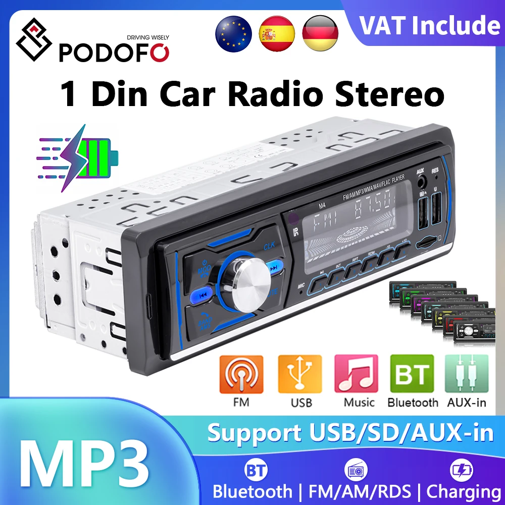Podofo 1DIN Autoradios Stereo-Fernbedienung Digital Bluetooth Audio Musik Stereo 7-Farben-Autoradio MP3-Player FM/AM/RDS/USB/SD Image