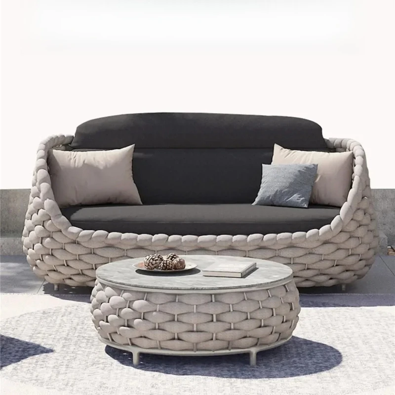Hofkombination Doppelstuhl Allwetter Rattan Outdoor-Sofagarnitur Freizeit Terrassenmöbel für Villa Balkon Wohnzimmer