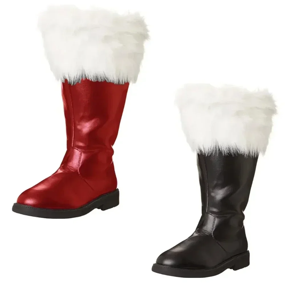 Weihnachten Santa Claus Stiefel Männer Cosplay Neue Jahr Rot Schwarz Leder Schuhe Weiß Plüsch Manschetten Fuß Halloween Weihnachten Winter Stiefel
