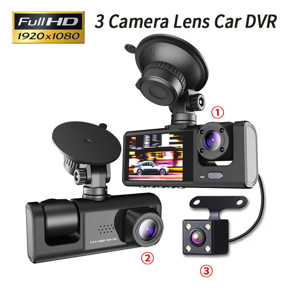 DVR per auto a 3 canali HD 1080P 3 obiettivi all'interno del veicolo Dash CamTelecamera a tre vie DVR Registratore Registratore video Dashcam Videocamera