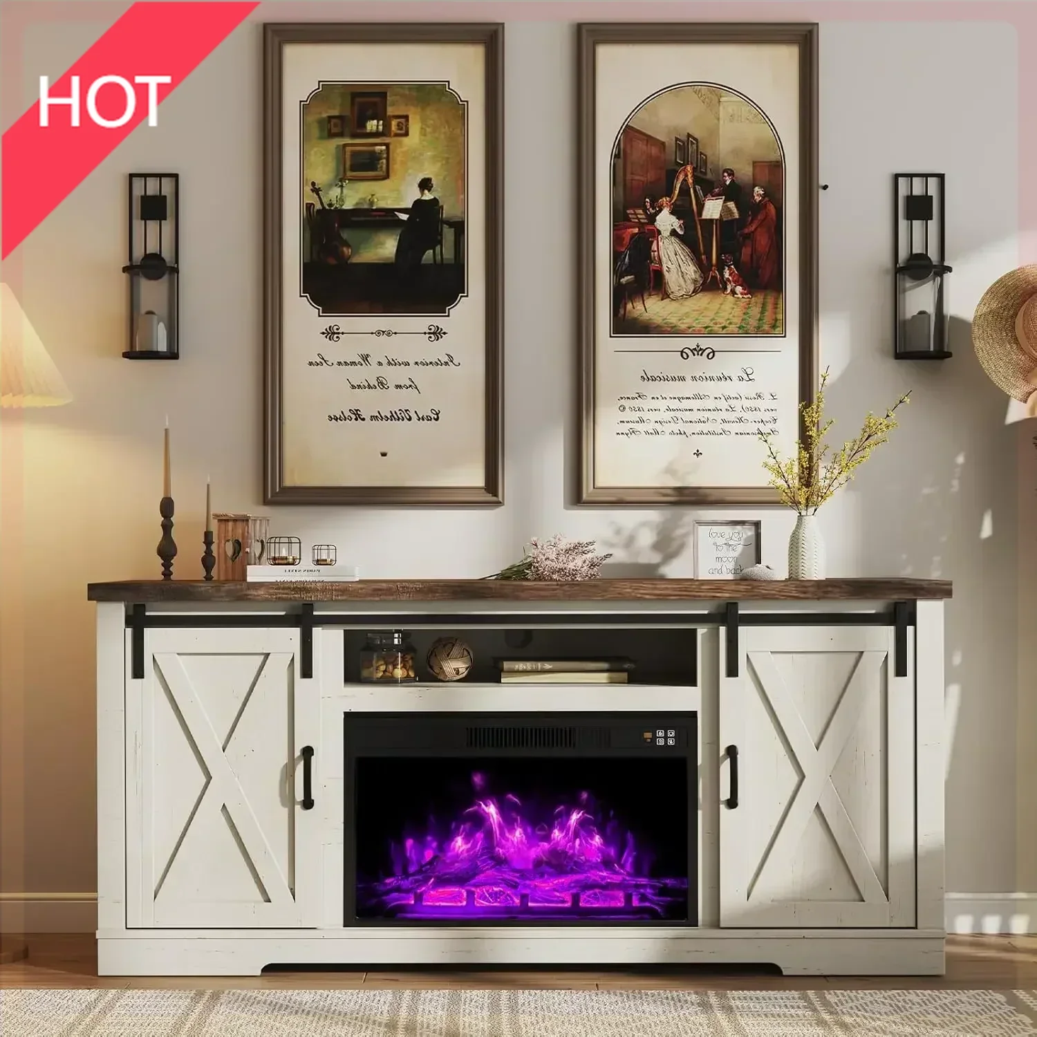 [XMSJ]Fireplace TV Stand TVs up to 73", Farmhouse 63" Fireplace Entertainment Center Adjustable Shelves, Distressed White & Bar