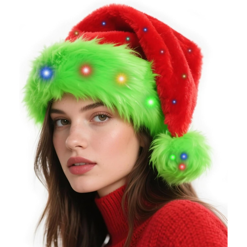 Christmas Santa Hat Led Light Up Santa Claus Mrs.Claus Green Monster Furry Hat Unisex Cute Christmas Accessories Adults Christmas New Year Christmas Party Hat
