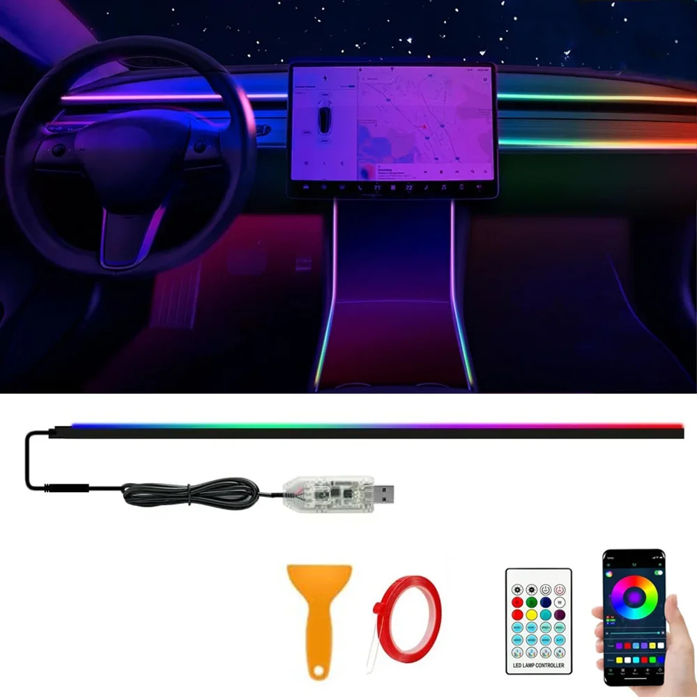 Acrylic Car Interior LED Strips USB Interface Dynamic Colorful RGB Car Ambient Lights Interior Neon Strip Music Sync App Control