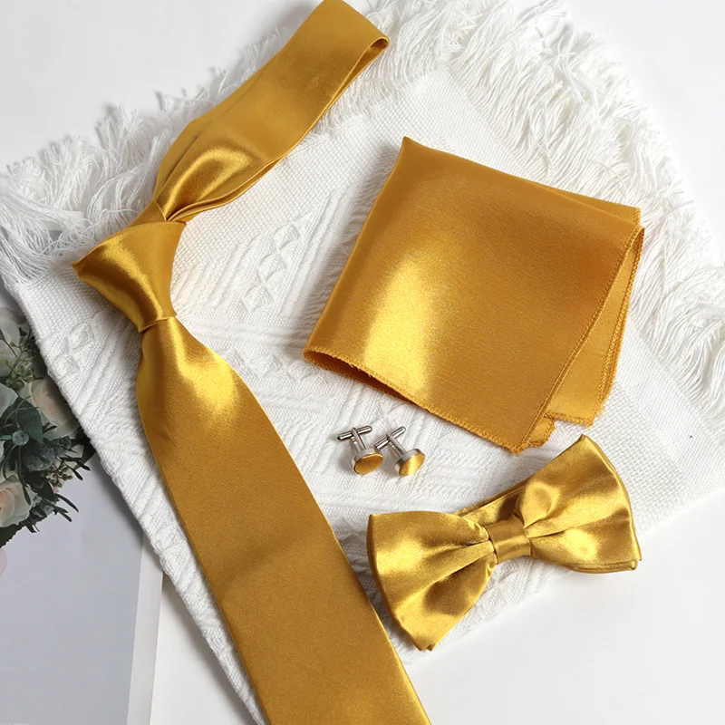 Nuove cravatte da uomo classiche tinta unita color oro papillon cravatta Paisley fazzoletto da taschino gemelli set accessori da sposa da uomo cravatta da festa