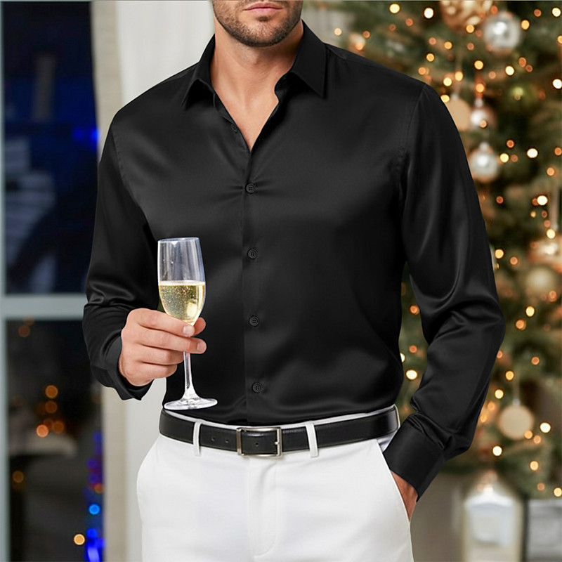 Men's Shirt Satin Shirt Casual Shirt Button Up Shirt Plain Formal Wedding Light Blue Black White Wine Long Sleeve Lapel Winter Spring Fall Clothing Apparel