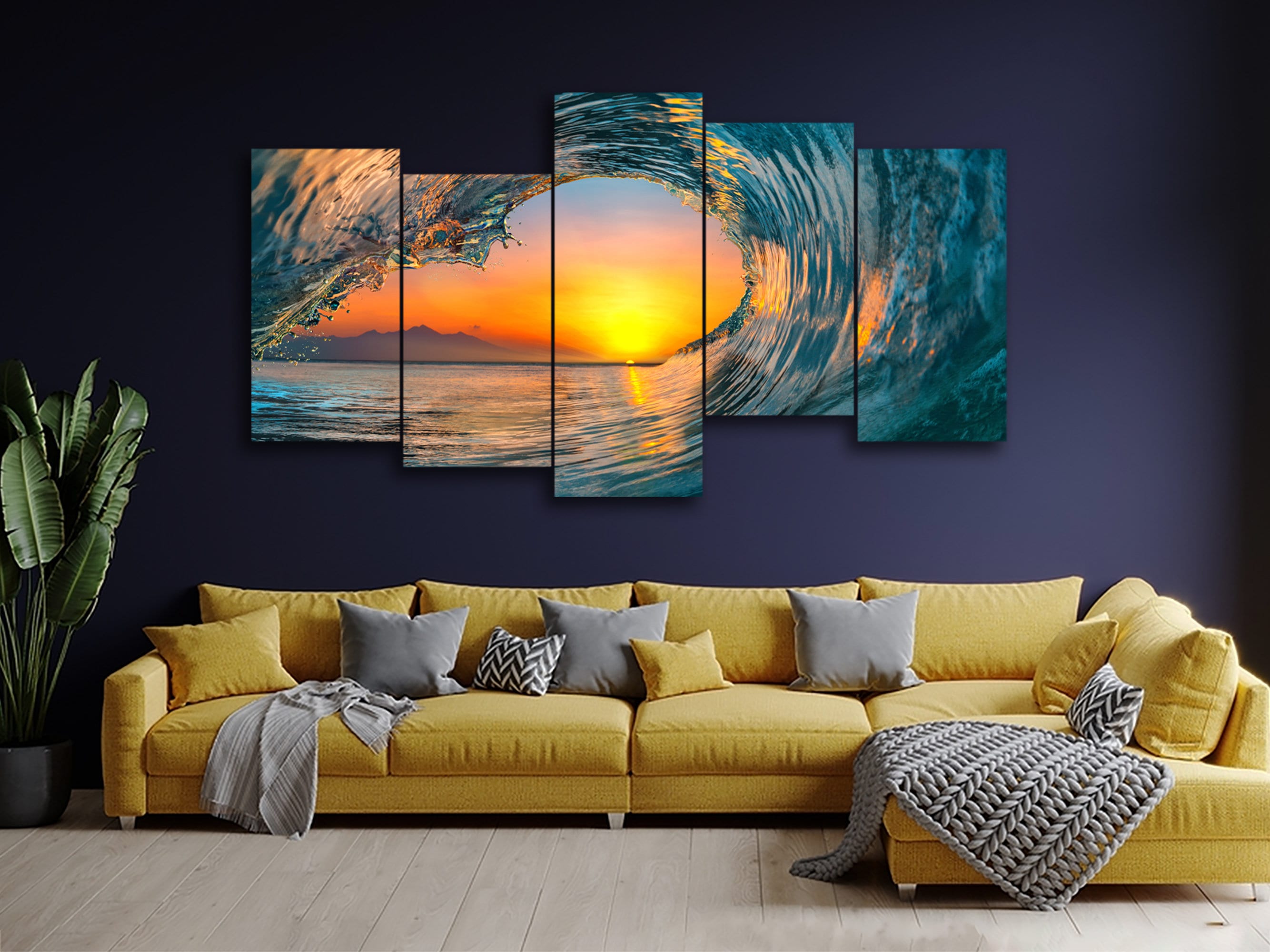 Sunset Sea Ocean Wave 5 pezzi Canvas Wall Art, Grande cornice 5 pannelli Canvas Wall Art, Extra Large Framed Canvas Wall Art, Modern Abstract