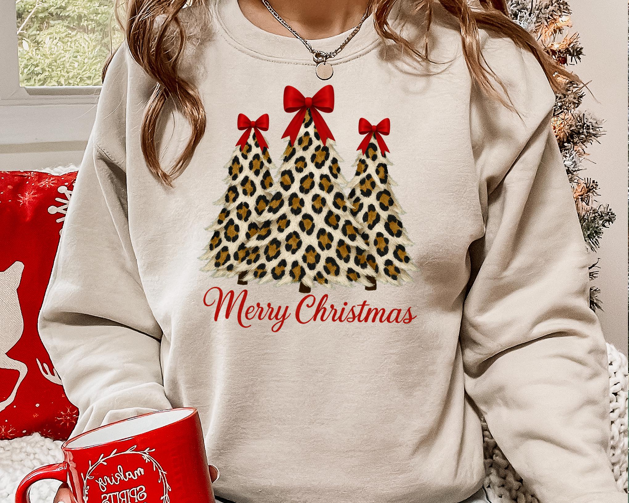 Felpa con albero di Natale leopardato, maglione natalizio con fiocco Coquette, maglione natalizio, felpa con albero di Natale, regali di Natale per le