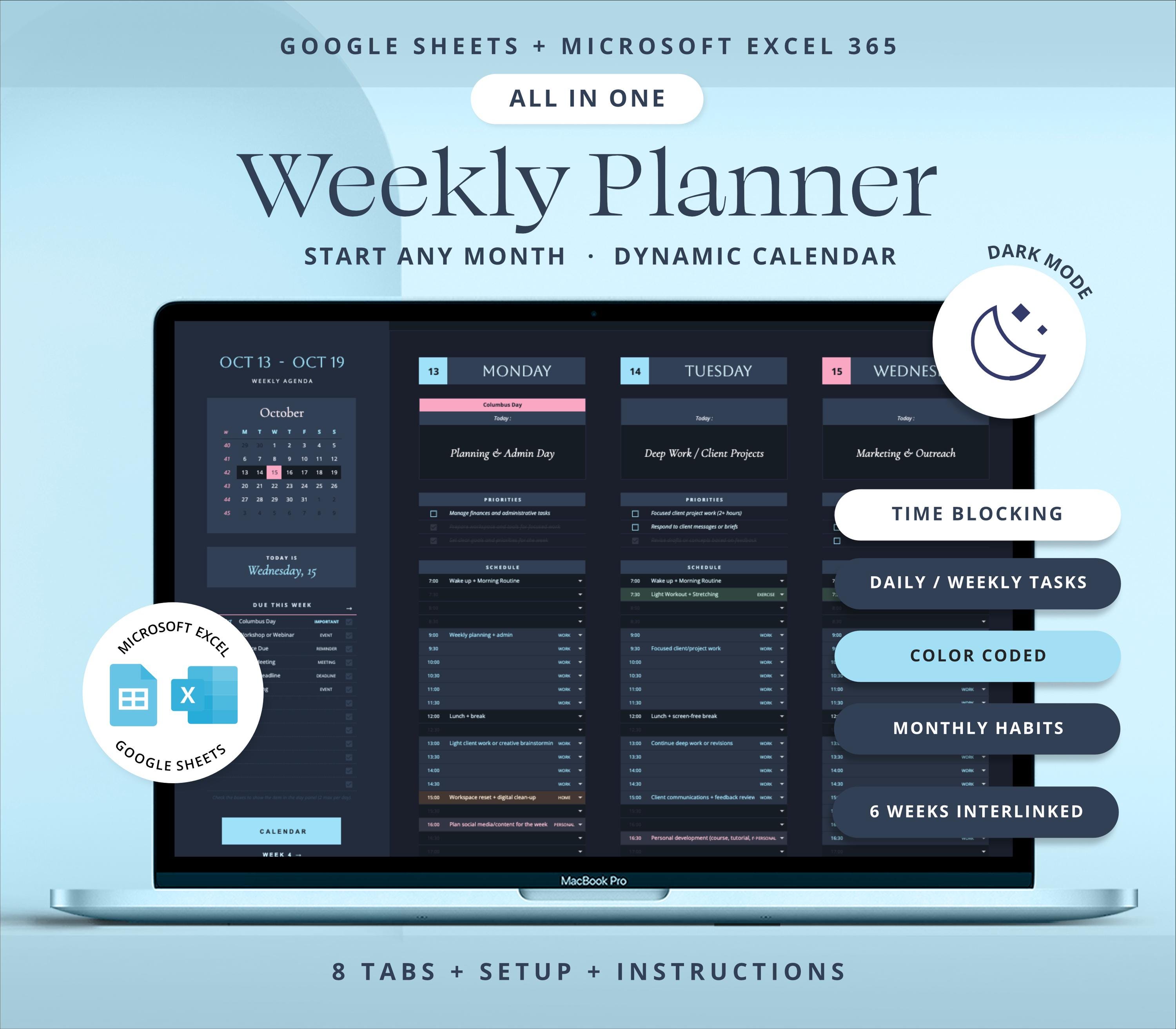 Planner settimanale Fogli Google Planner Life Foglio di calcolo Adhd Tracker attività giornaliere Modello Excel Programma di blocco del tempo.
