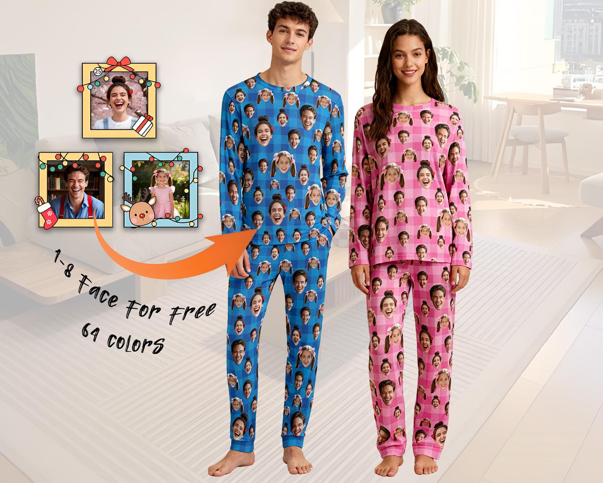 Pigiama personalizzato con faccine, pigiama per la famiglia, pigiama a maniche lunghe personalizzato, pigiama con faccine buffe, regali di compleanno,