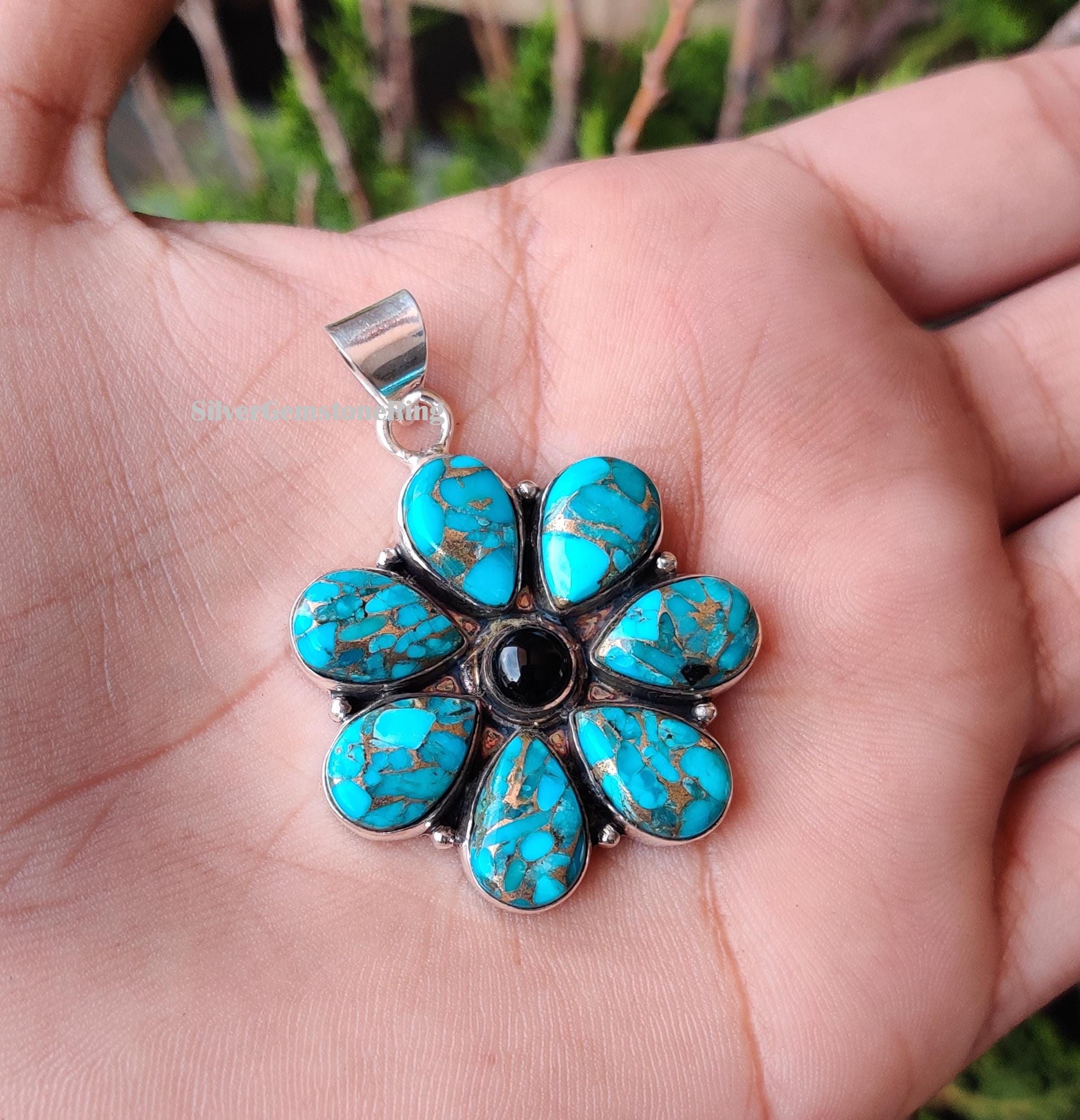 Ciondolo a forma di fiore turchese in rame blu: argento sterling 925, ciondolo fatto a mano