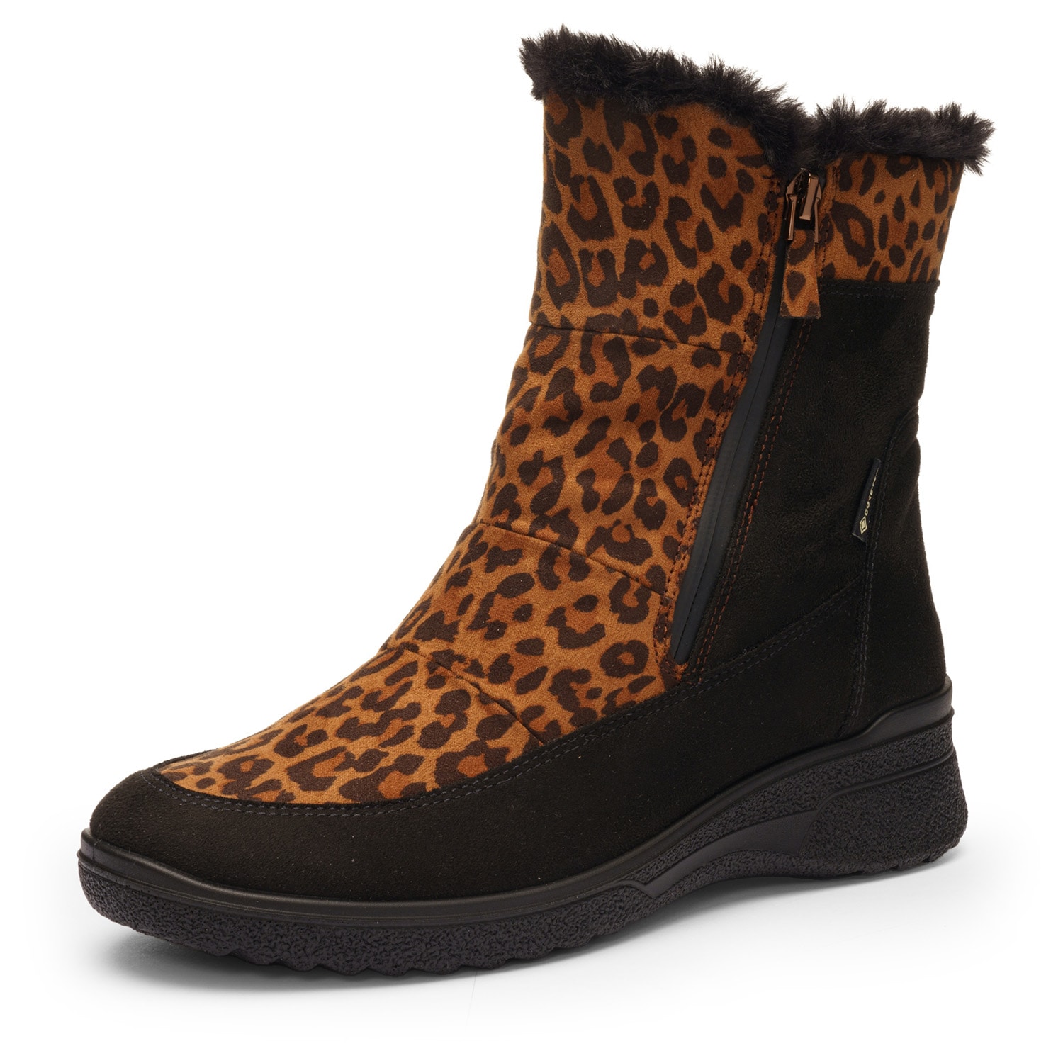 Winterstiefelette ARA "MÜNCHEN", Damen, Gr. 40, schwarz (leo, schwarz), Lederimitat, Textil, animal-print, Schuhe Winterstiefelette, Snowboots, Winterstiefel mit Gore-Tex und schuhweite H (sehr weit)
