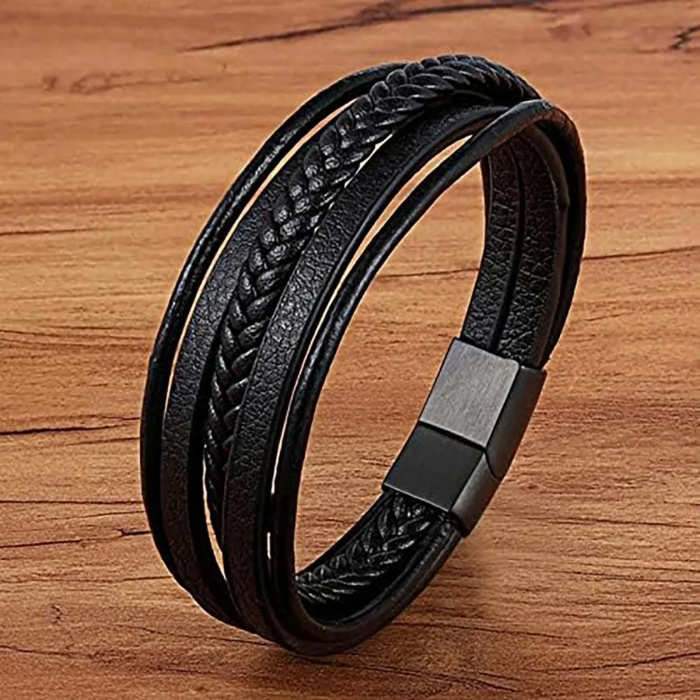 Schwarzes, fünflagiges symmetrisches Armband, Herrenarmband, zeigt Herrenanhänger Image