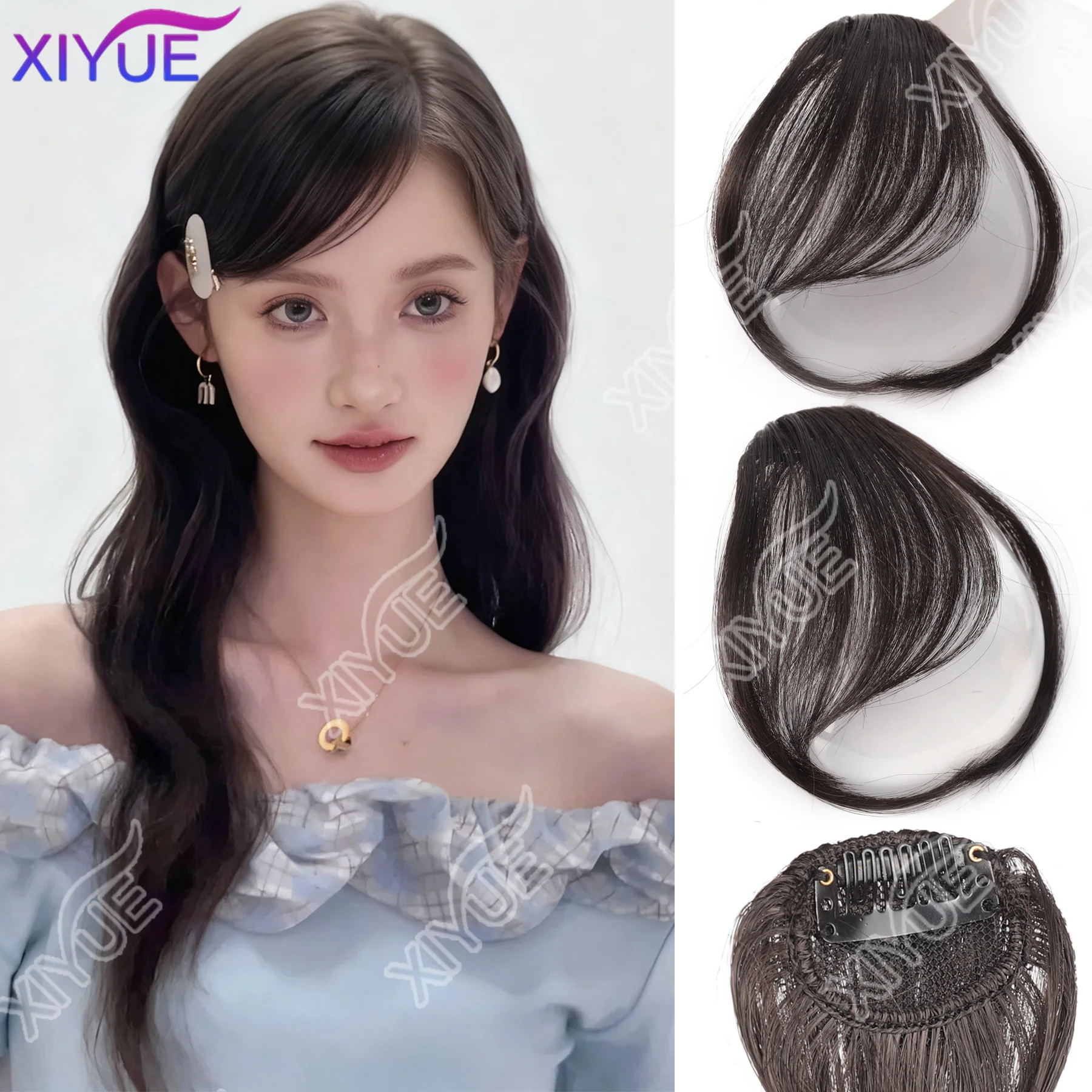 XIYUE Synthetische Fake Invisible Air Bangs Haarverlängerung Front Fransen Haarteil Schwarz Braun Haarschmuck für Frauen Image
