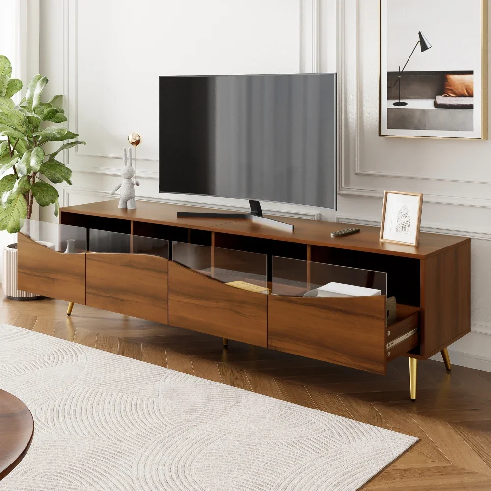 Moderner TV-Schrank für das Wohnzimmer, 180 x 40 x 50 cm | LED-Beleuchtung, Holzgehäuse und goldene Füße, Aufbewahrungseinheit vorne aus Glas für den Medienbereich zu Hause Image