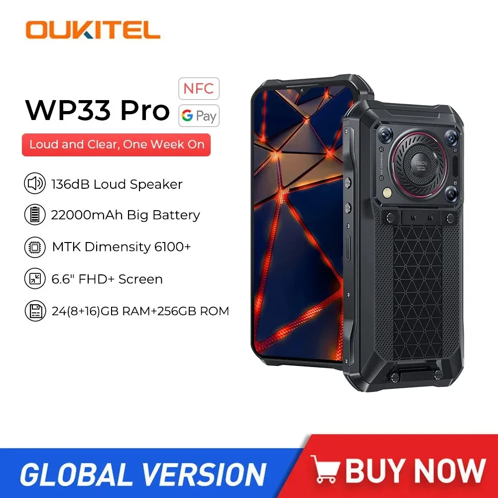 Oukitel WP33 Pro Robuste 5G-Smartphones 6,6 Zoll FHD Octa Core 24 GB + 256 GB Android 13 Mobiltelefon 64 MP 22000 mAh 33 W Schnellladung Image