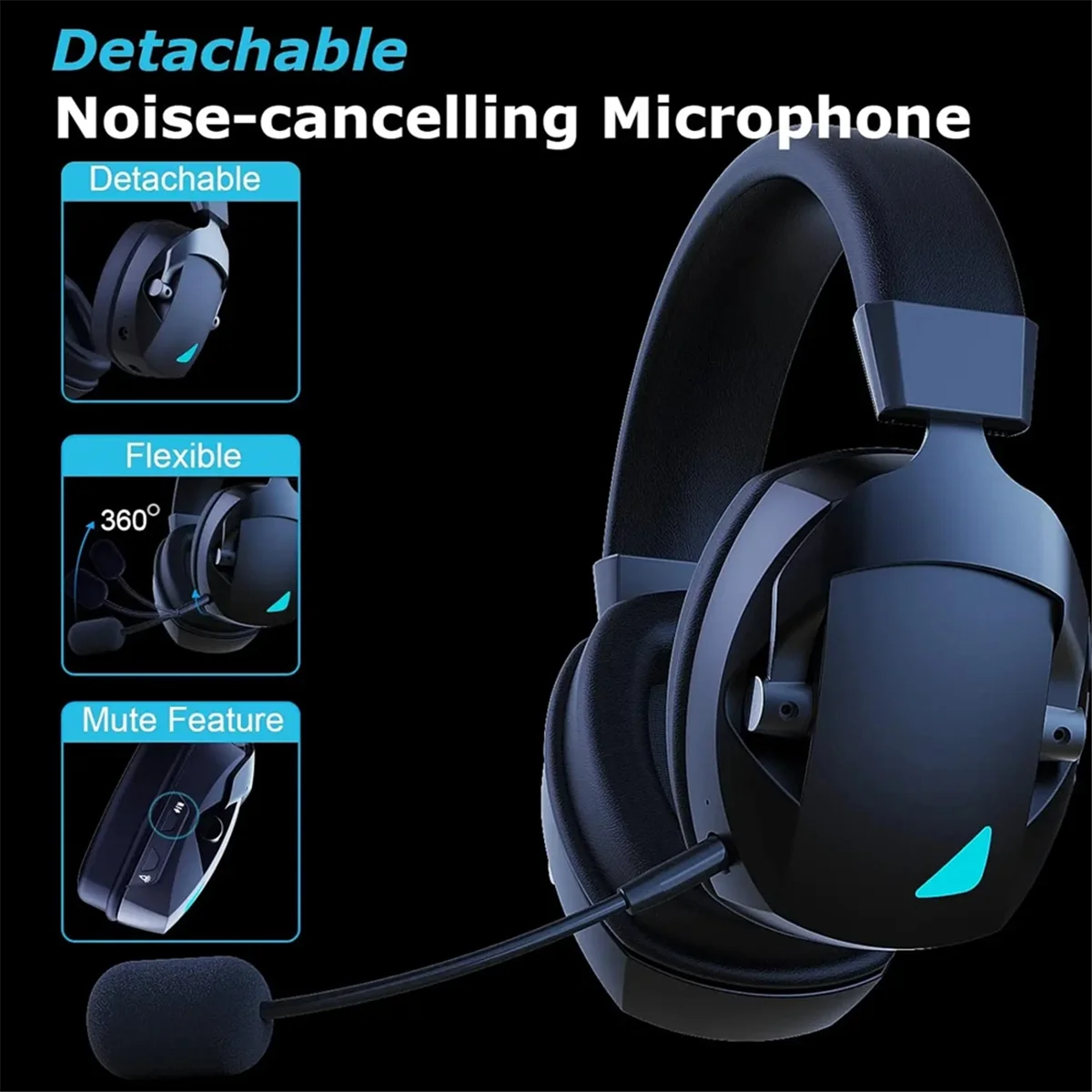 Y19AA Kabelloses Gaming-Headset mit Mikrofon, 2,4 G Bluetooth-Kopfhörer, USB 3,5 mm, kabelgebunden, 3 Modi für PC, Laptop, PS4, PS5, Mac, Schwarz Image