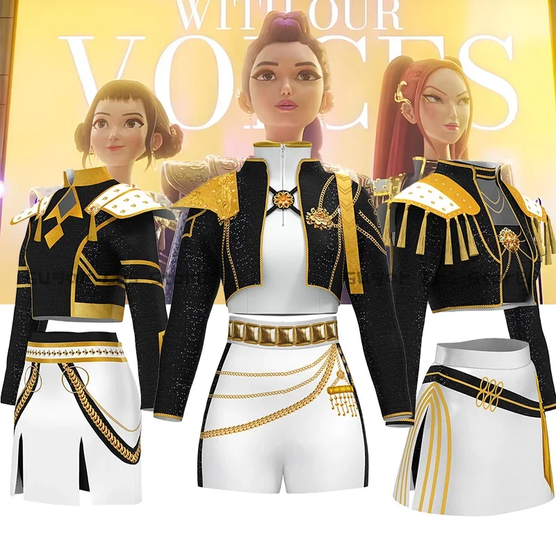 Kinder Größe Anime Dämon Hunter Cosplay Rumi Zoey Mira Kostüm Kinder Mädchen Schwarz Goldene Bühne Leistung Kleidung Halloween Party