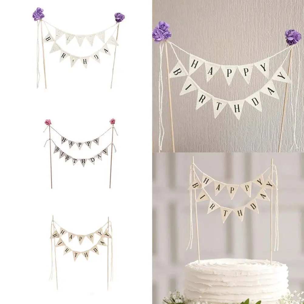 Birthday Cake Flag Topper Baking Decoration Tools Wood Gadgets Paper Decor Happy Party Birthday Decor With Letter Pattern Decor