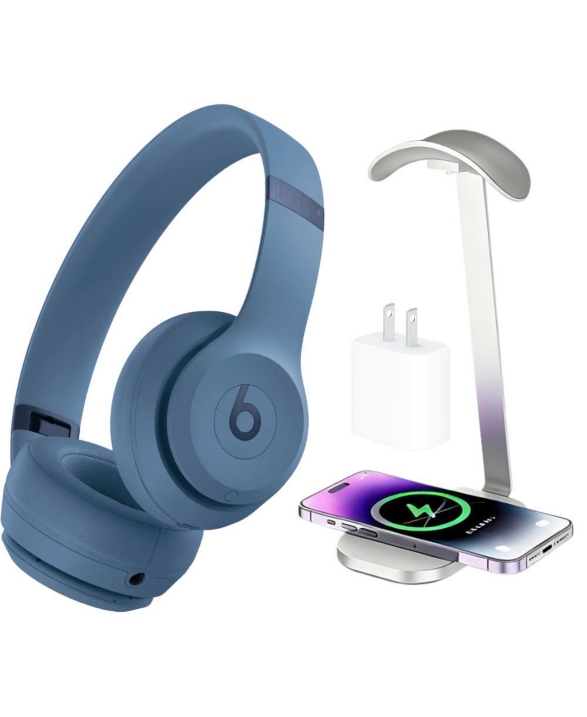 Beats Solo 4 True Wireless On-Ear Headphones + Power Adapter & Headphone Stand/Charging Pad - Slate Blue