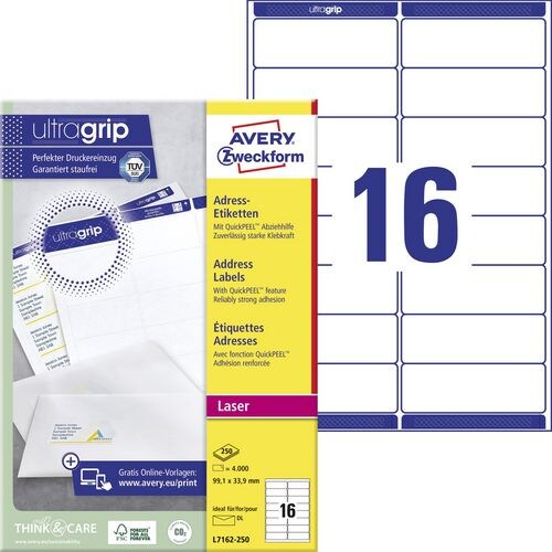 AVERY Zweckform Abziehhilfe QuickPEEL,ultragrip Adressetiketten L7162-250 Selbsthaftend DIN A4 Weiß 99,1 x 33,9 mm 250 Blatt à 16 Etiketten Image