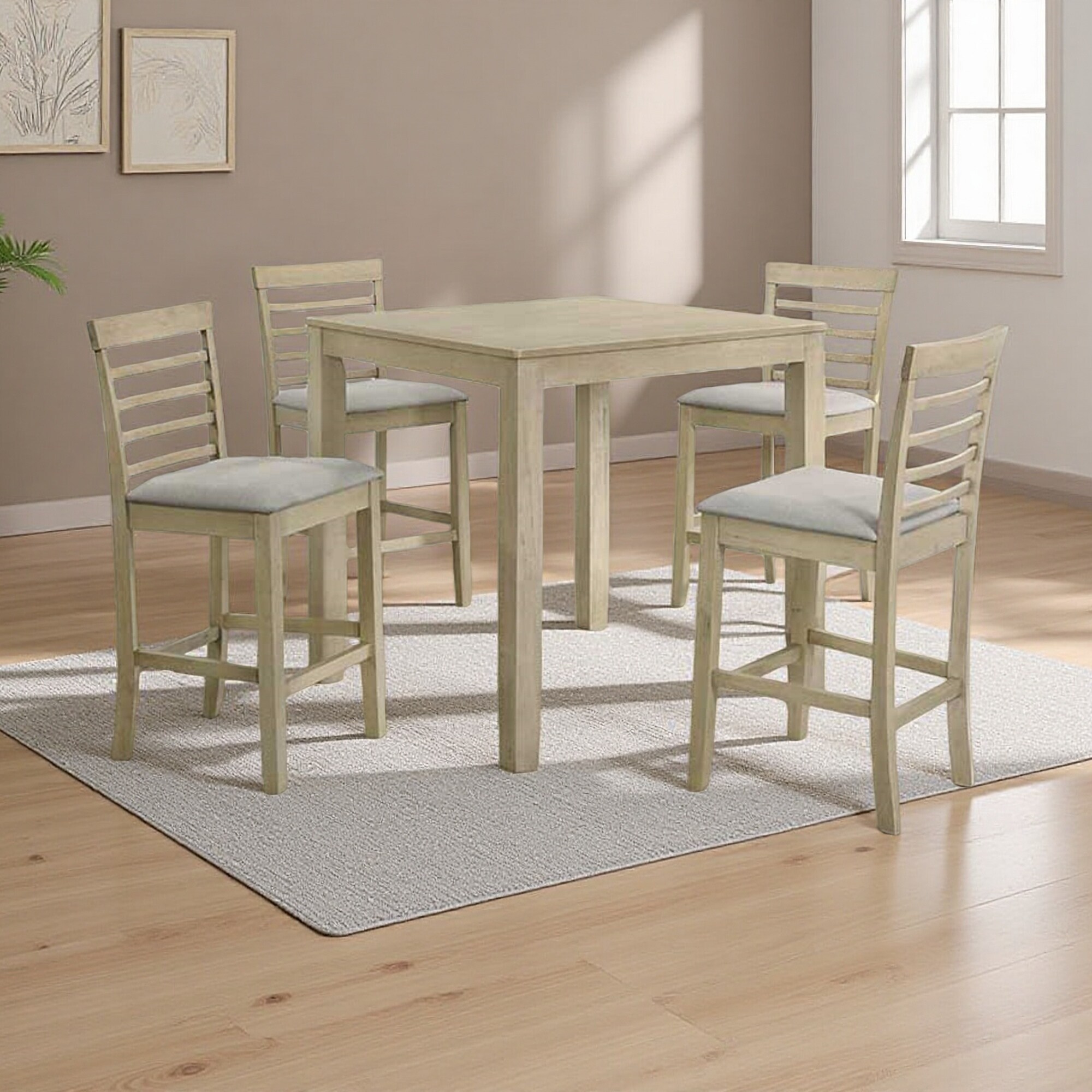 Set of 5 Counter Height 35.4" Dining Set Square Table Cream Cushioned Upholstered Slatted Back Chairs Wooden Contemporary Style