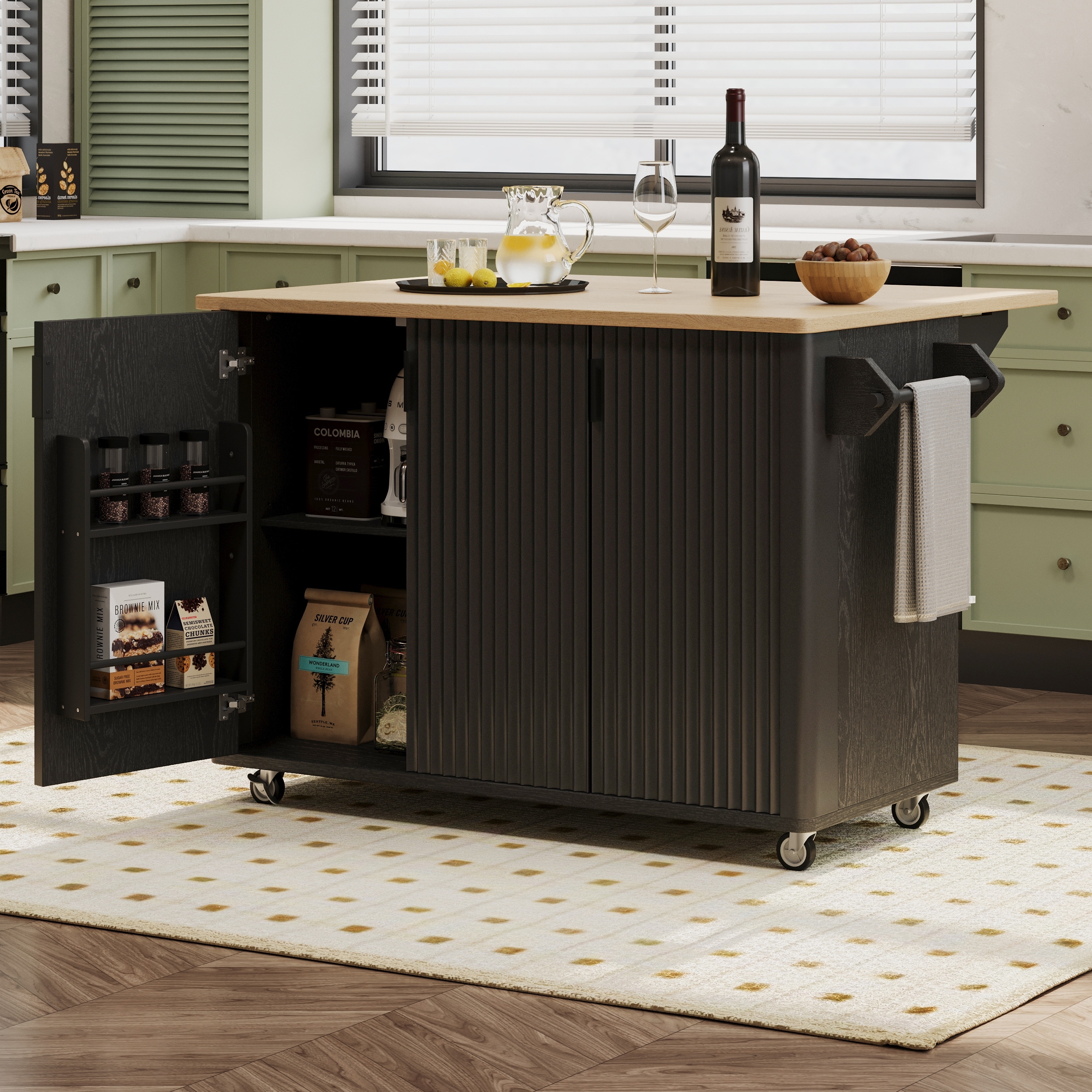 Fluted Kitchen Island with Drop Leaf, Mobile Kitchen Island on Locking Wheels, Rolling Kitchen Cart with Towel Rack