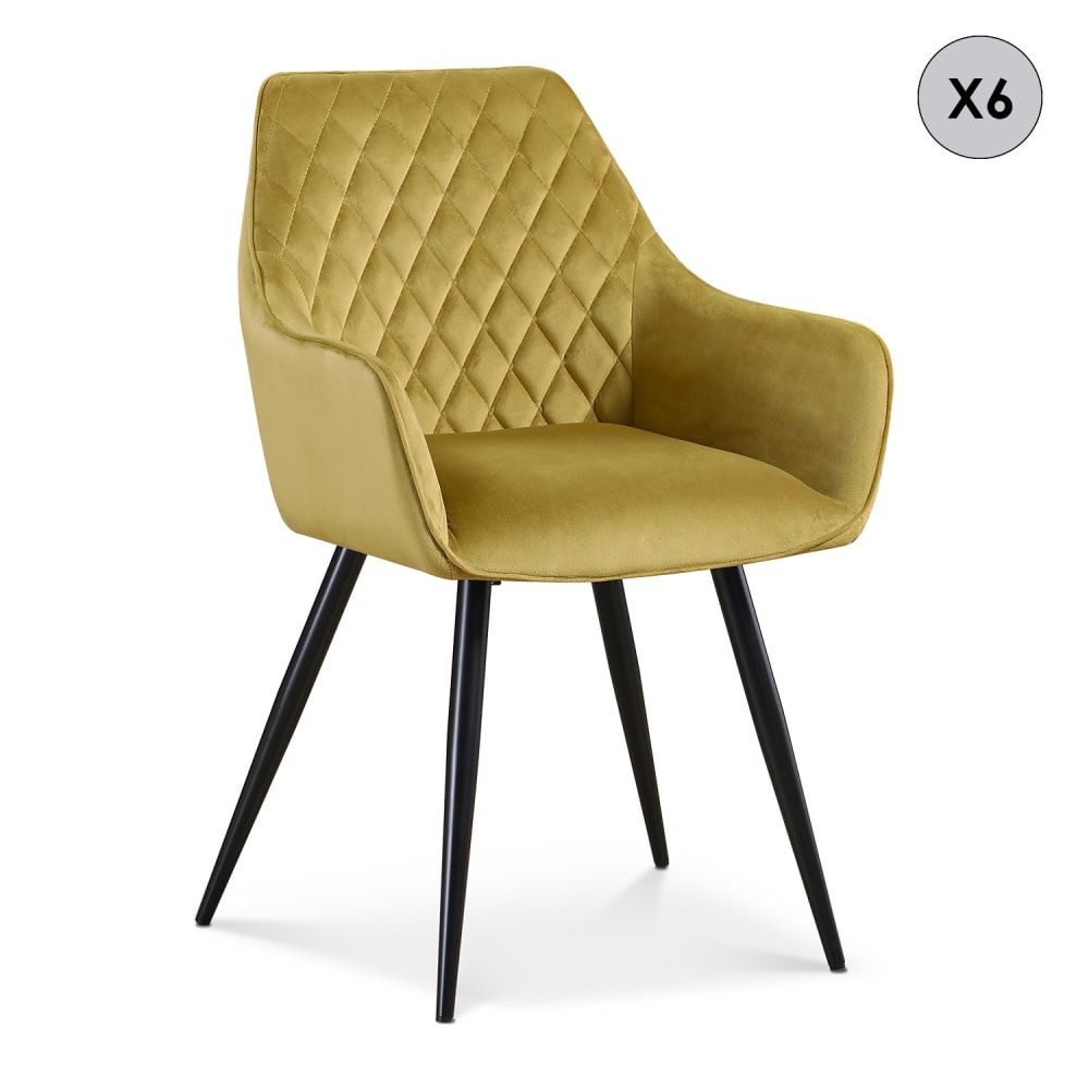 Lot de 6 chaises en velours jaune moutarde pieds noir