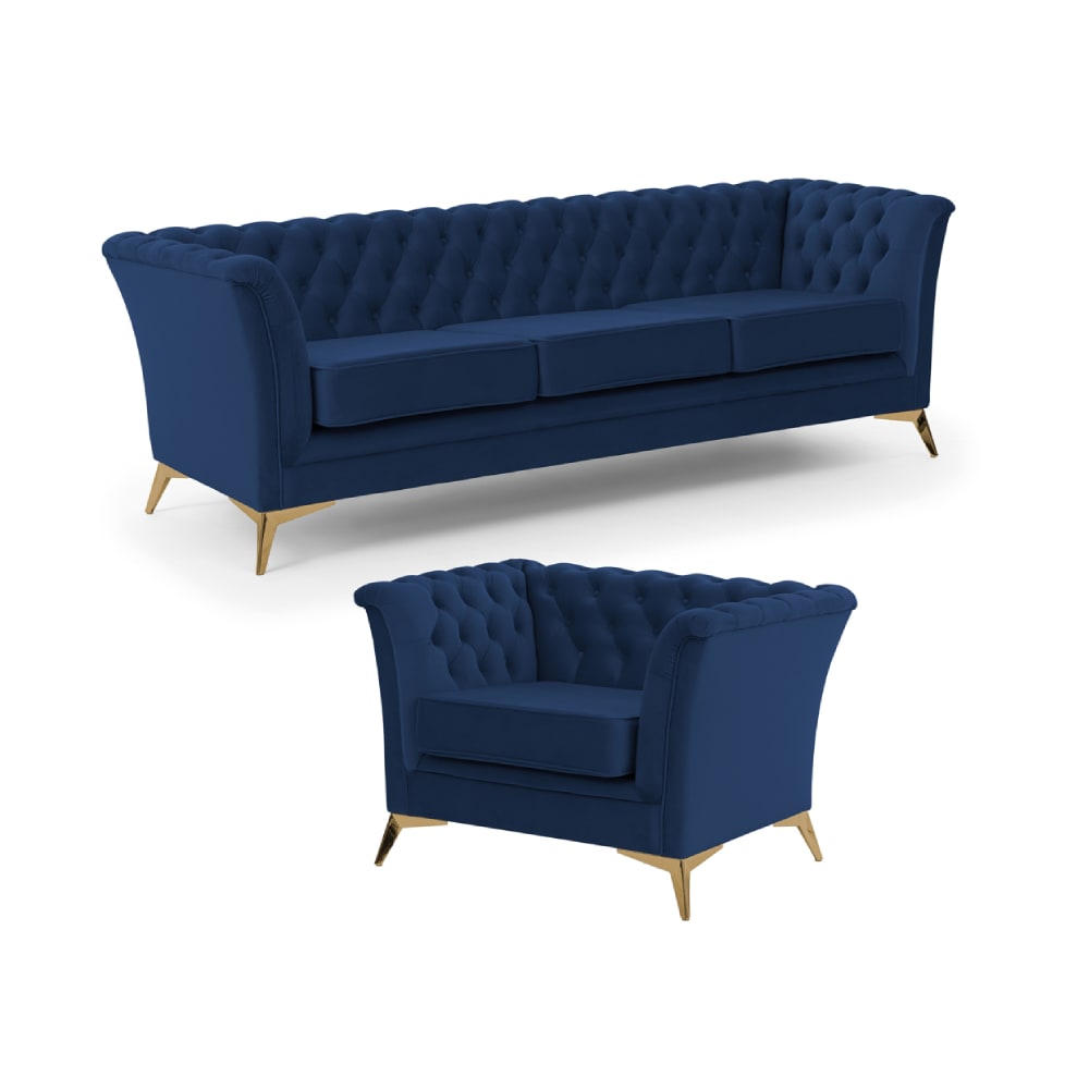 Ensemble de canapés Chesterfield 3+1 en velours bleu marine