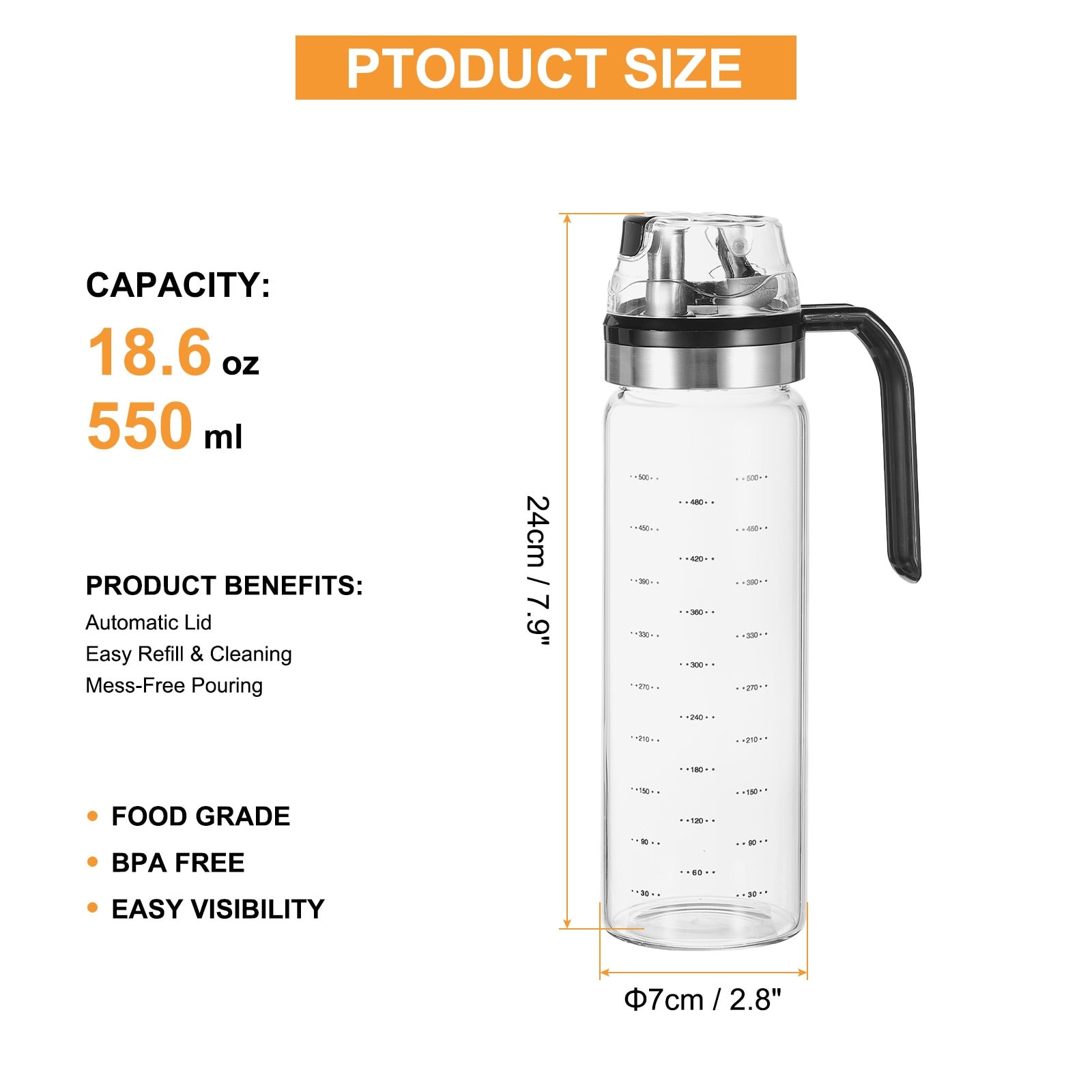 Glass Oil Bottle with No Drip Spout, Glass Oil Dispenser with Scale for Kitchen Cooking - Silver