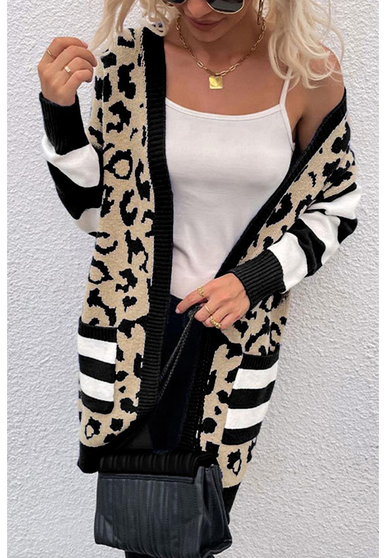 Azura Exchange Schwarze Streifen Ärmel Leopardenmuster Offene Vorderseite Cardigan Mit Taschen Image