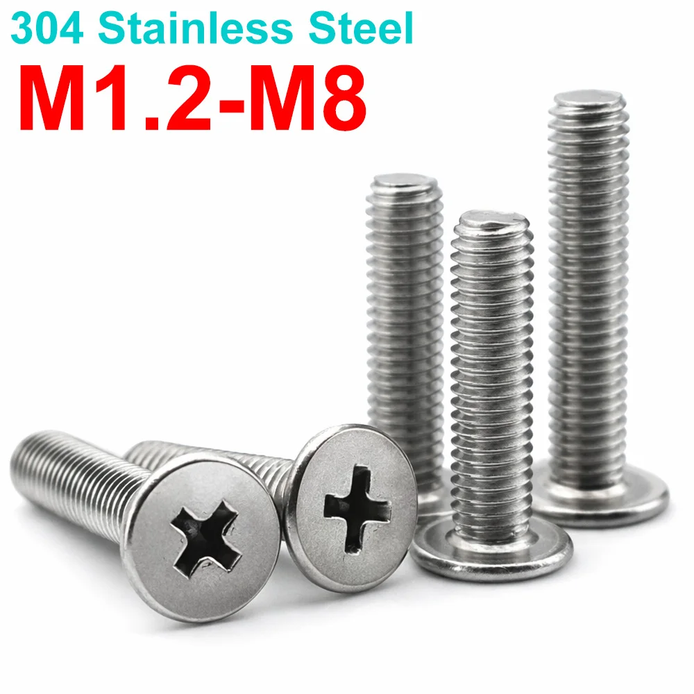 304 Edelstahl Kreuzschlitz-Flachkopfschrauben, Dünne Flachprofil-Schrauben, Maschinenschrauben M1.2 M1.4 M1.6 M2 M2.5 M3 M4 M5 M6 M8 Image