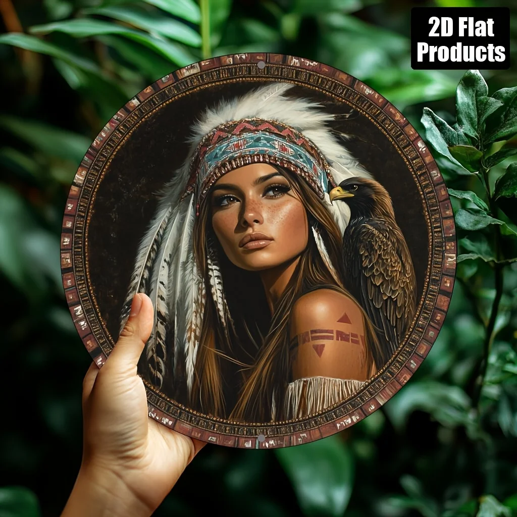 Rundes Aluminium-Wandkunstschild im Vintage-Stil mit indischem Thema – 20,32 x 20,32 cm, rustikales Metalldekor mit Federkopfschmuck und Adler-Design Image