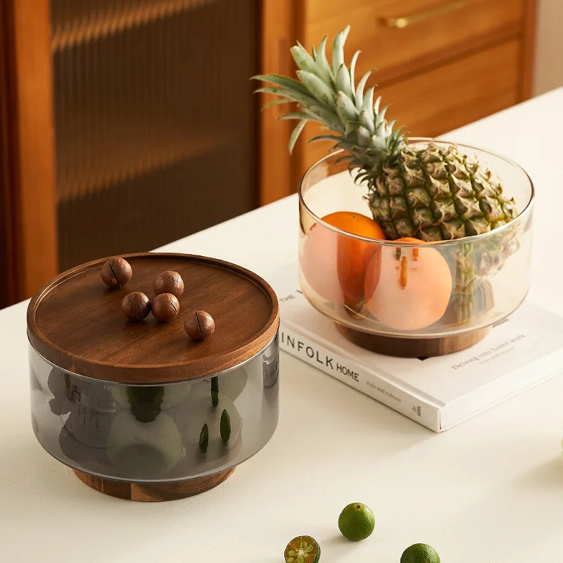 Plateau à fruits en verre et bois d'acacia, bol à salade, plateau à fruits haut, Table de salon, collation, bonbons, plateau de fruits secs