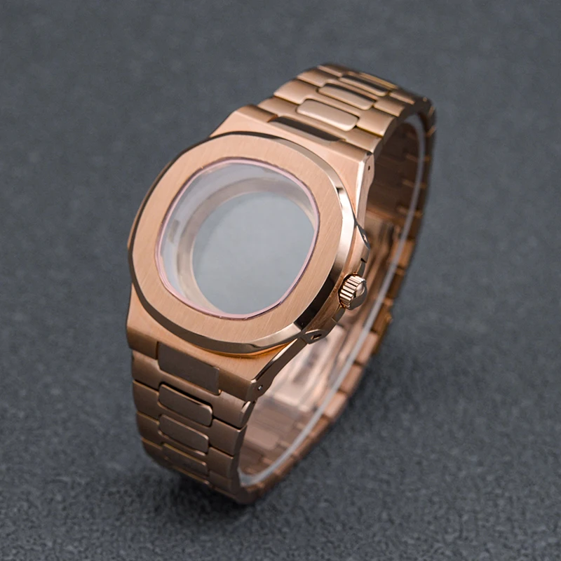 NH35 Mod 42 mm Roségold Nautilus Uhrengehäuse, installiertes Edelstahl-Uhrenarmband, passend für NH35 7S26 PT5000 Uhrwerk, Ersatzgehäuse Image
