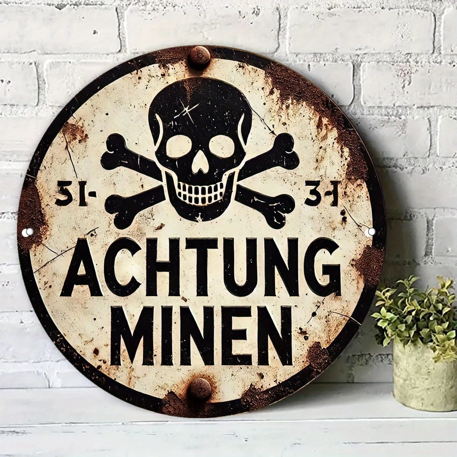2D Flat – Vintage „ACHTUNG MINEN“ Skelett & gekreuzte Knochen Metallschild – 19,99 cm große Aluminium-Wanddekoration mit rostiger Oberfläche, perfekt für Image