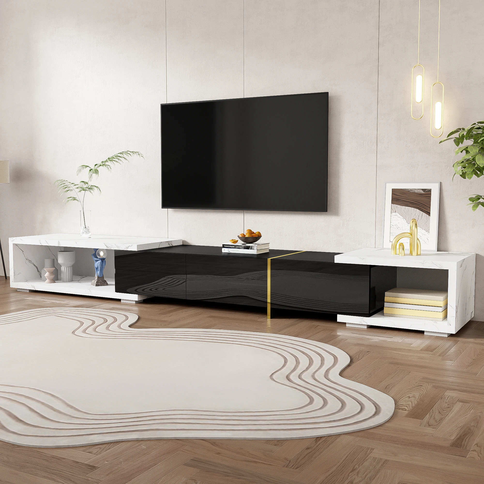 TV-Schrank mit variabler Länge (140-260 cm), drehbarer Funktion, schwarzer Marmoroptik, Image