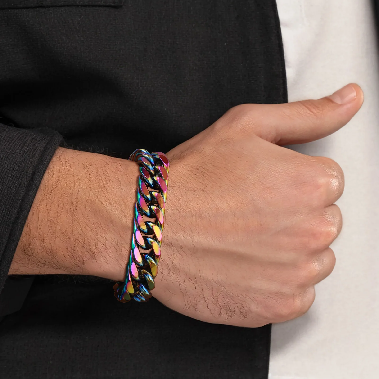 Vnox Regenbogenfarbenes Gliederkettenarmband aus Edelstahl, Punkrock, coole Handketten, 8/10/12 mm breit, antike Geschenke Image