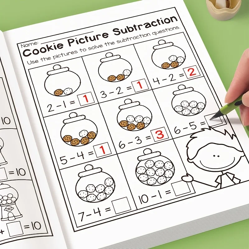 Interaktives Mathe-Lernarbeitsbuch für 32 Seiten mit Additions- und Subtraktionsarbeitsblättern, Kreuzworträtsel, farbenfrohen Matheaktivitäten Image
