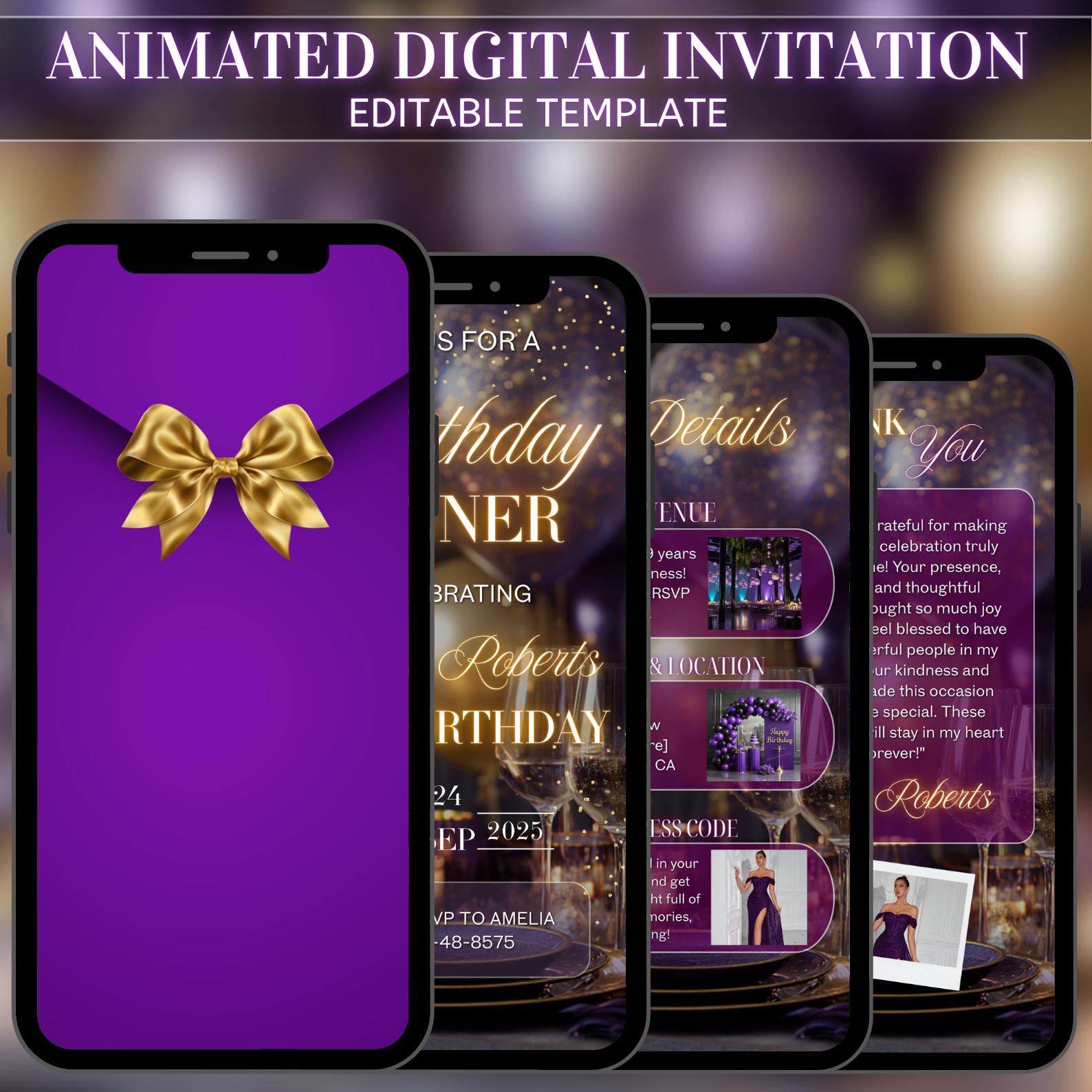 Invito digitale per cena di compleanno, modello modificabile, tema viola, invito digitale per festa di compleanno, invito per compleanno, modello anim