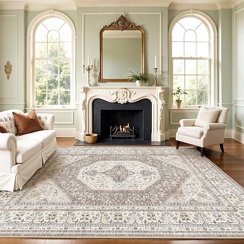 Teppiche für Wohnzimmer und Schlafzimmer große fleckenresistente waschbare weiche rutschfeste Vintage Blumen Oushak Teppich Boho Moody Bauernhaus Stil Sofa Bettseite Wohnkultur Schwarz Braun Image