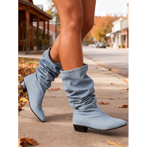 dunkelblaue Slouchy-Jeansstiefel für Damen – trendig und bequem, perfekt für lässige Outfits und Herbstmode Image