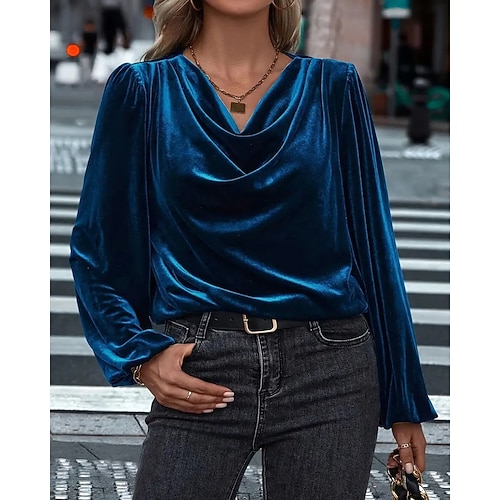 Damen Samt Elegant Bluse Elegante Oberteile Gerafft Drapiert Einfarbig Einfach Elegant Damen Stilvoll Langarm Neckholder Normale Oberteile Täglich Arbeit Ferien Schwarz Wein Königsblau Purpur Grün Image