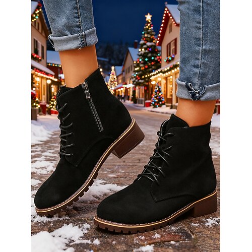 Burgunderrote Damenstiefeletten – gemütliches Wildlederimitat mit seitlichem Reißverschluss, Schnürstiefeletten für Freizeitoutfits, Weihnachten und Outdoor-Aktivitäten Image