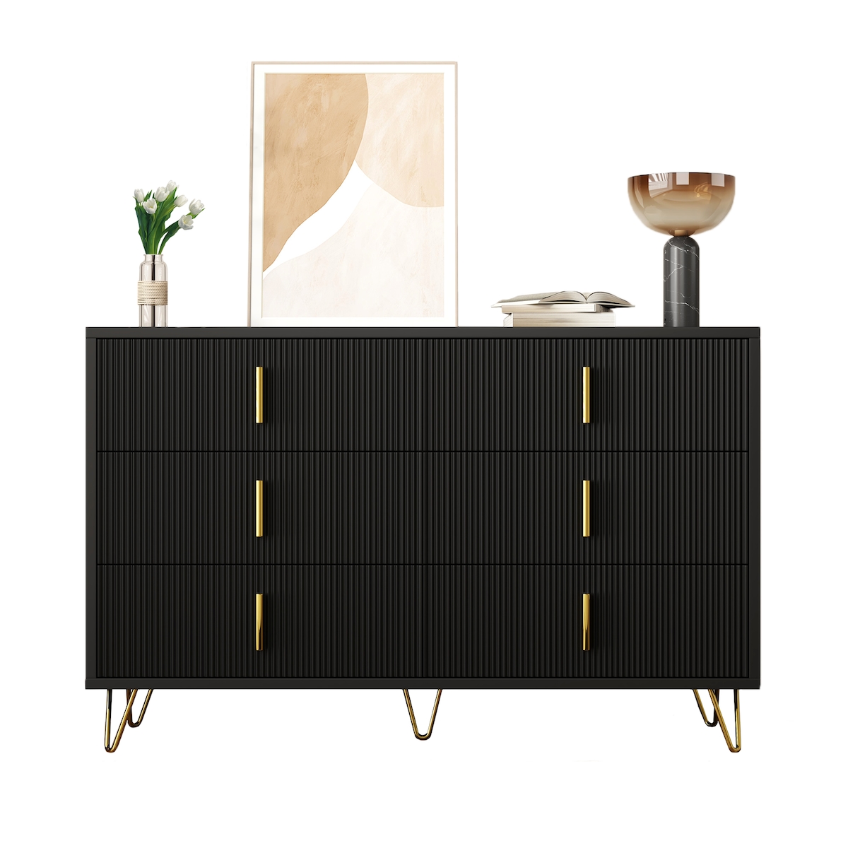 OKWISH Sideboard Schwar+Gold 120x40x77 cm Esszimmer Schrank mit 6 Schubladen Minimalistisches Design Wellenstruktur Goldgriffe und Beine Image