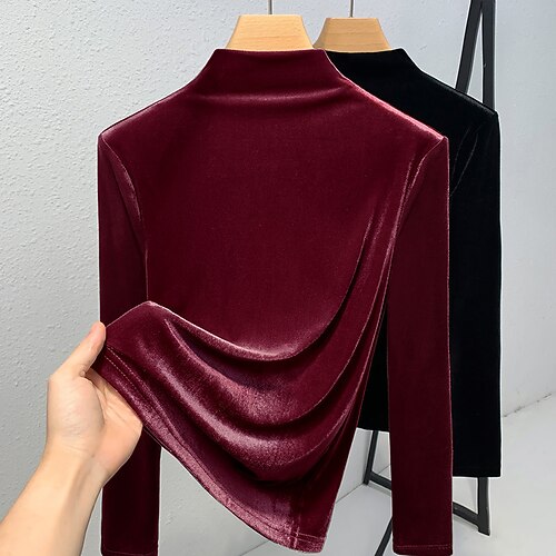 Per donna Velluto Elegant Elegante Blusa Tinta unica Semplice Elegante Quotidiano Casual Manica Lunga Collo alto Top Regolari Quotidiano Ferie Uscire Nero Vino Viola Marrone Autunno Inverno