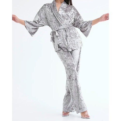 Per donna Pigiama Abbigliamento da Casa Set Pigiama Flanella Caldo Moda Colore Puro Elastico in vita Pantalone Casa Quotidiano Da letto Manica Lunga Scollo a V Marrone Grigio Autunno Inverno