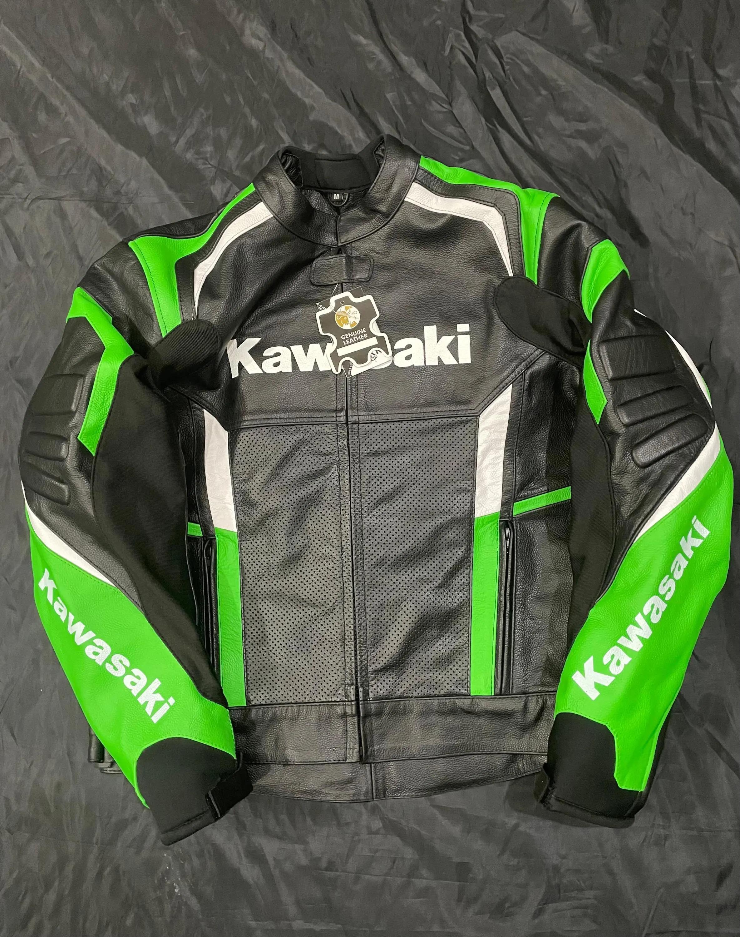 Giacca da motociclista in pelle da uomo Kawasaki Racing - Abbigliamento da motociclista sportivo verde e nero - Giacca da motociclista protettiva